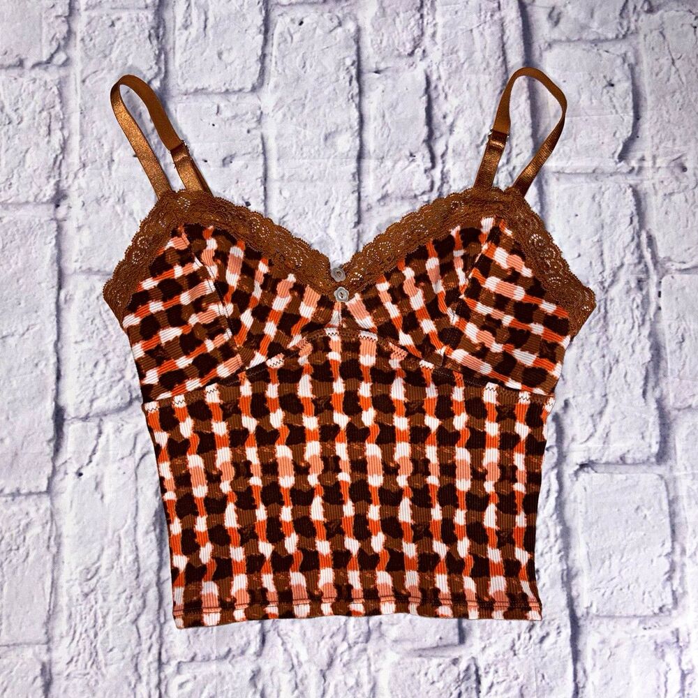Y2K Brown Gingham Lace Trim Cami Top – M